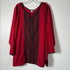 Catherines Petite 3/4 Sleeve Bead Embellished Red / Black Blouse Size 3XWP